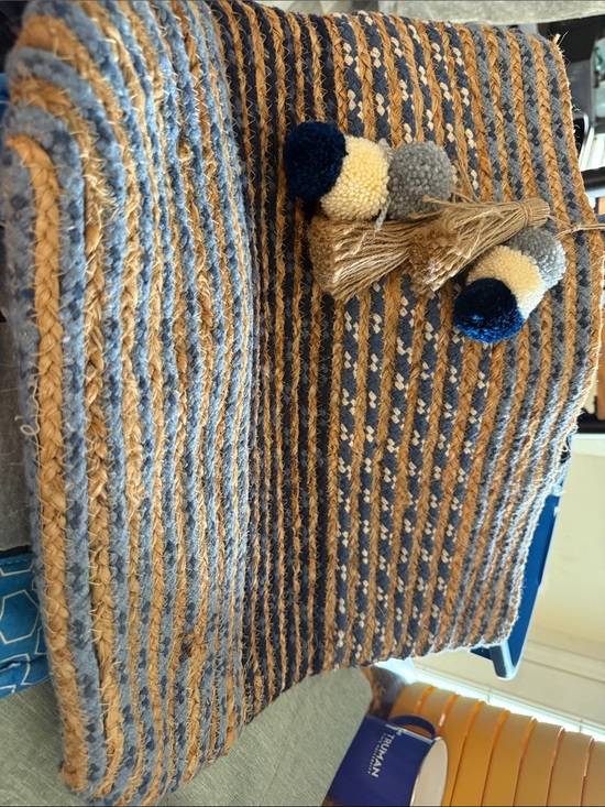 The Unbranded Brand Handbags - Handwoven Blue and Tan Straw Tote with Pom Tassel